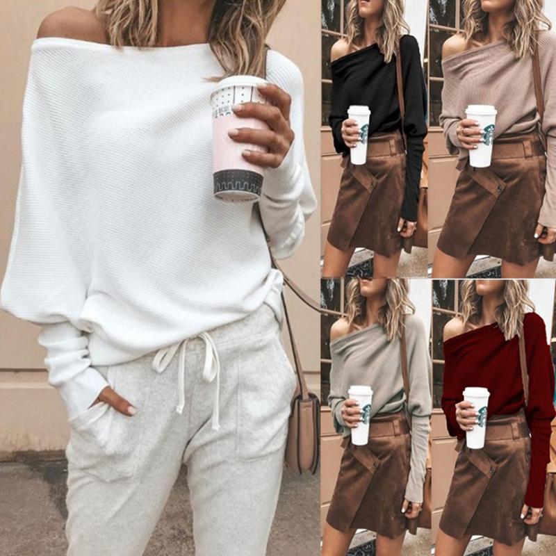 S-5XL Loose Printed Off Shoulder Women Casual Long Sleeved Plus Size T-Shirt Women Sexy One-neck Raglan Sleeve Sweater