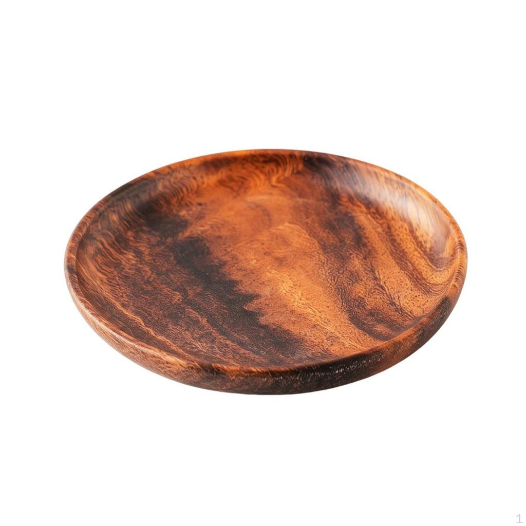 Acacia Wood Dish Round Wooden with Rim Shallow Tray Lip for Entertaining, Tea Time