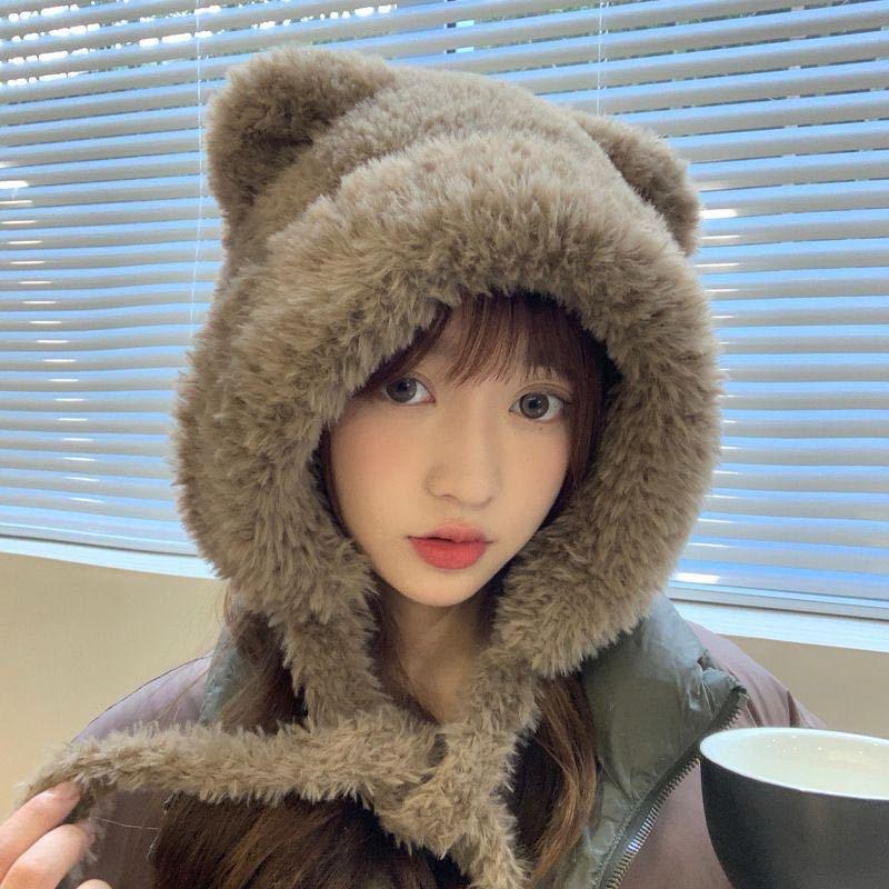 Autumn And Winter  Bear Ear Strap Lei Feng Hat Women'S Korean Cute Warm Ear Protection Knitted Wool Hat