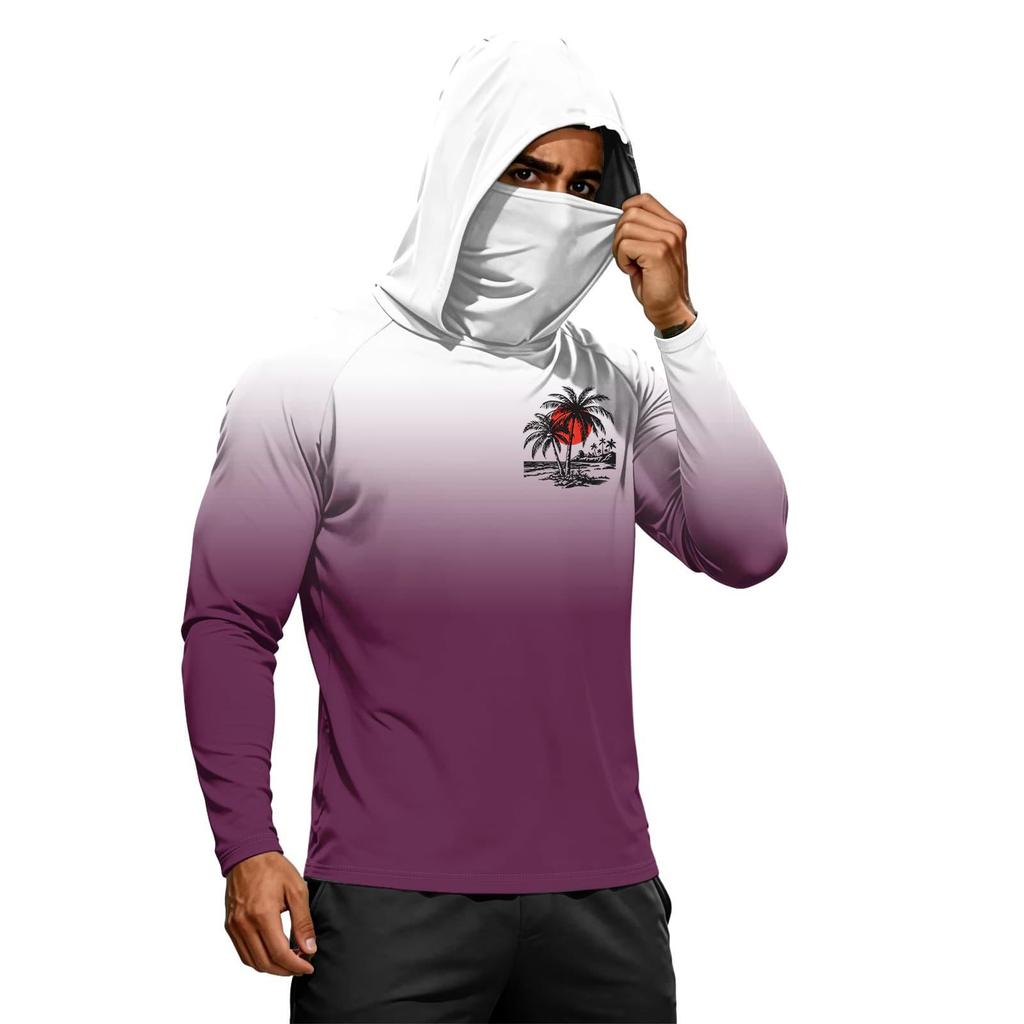 Men’s Long Sleeve Hooded Sun T Shirt with Tree Print Lightweight 50 Plus Quick Dry Athletic Top for Outdoor Sports