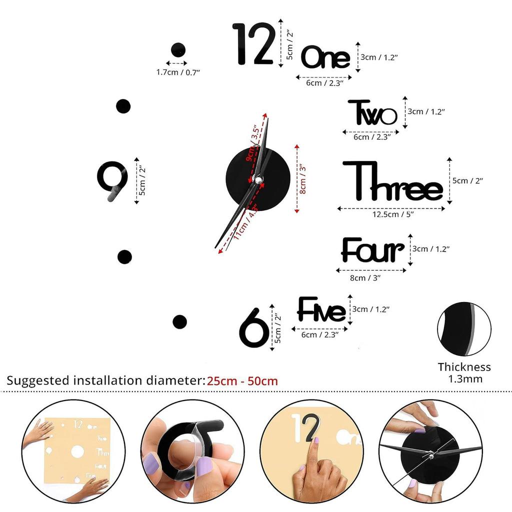 Geräuschlos, Rahmenlos, Analoge Uhr aus Kunststoff-EVA mit verstellbaren Größen (25 cm - 50 cm) für Wohnzimmer, Schlafzimmer, Bürodeko, Wohngeschenk, Schwarz