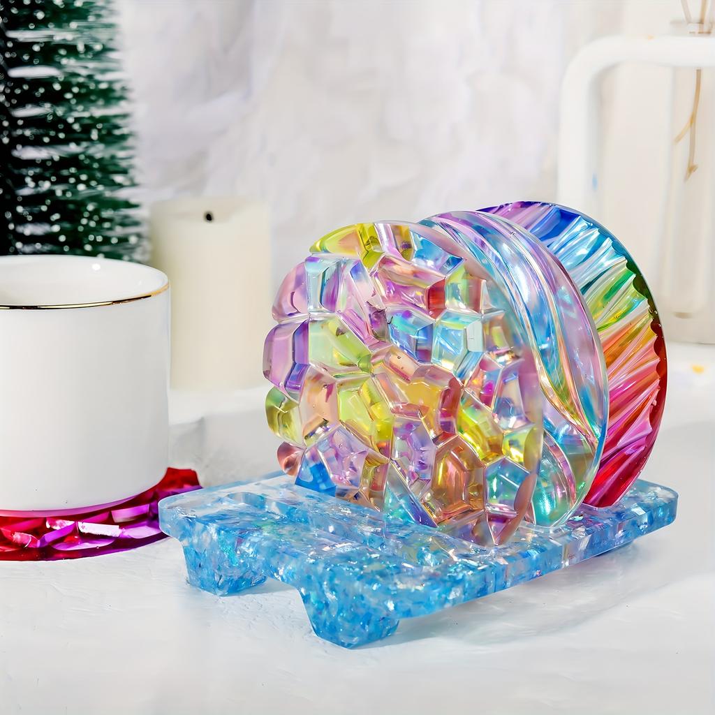 5 ks Pryskyřičná forma na podtácky, 4 ks Unikátní kulatá forma na pryskyřici s vlnami na podtácky, Epoxidová pryskyřice Lití Různé vzory s držákem, Silikonové formy na podtácky