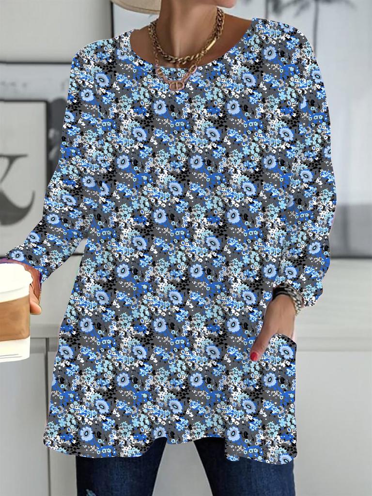 2025 Podzim Zima Nové Dámské Topy Plus Size, Módní Trička s 3D potiskem květin s kulatým výstřihem a dlouhým rukávem