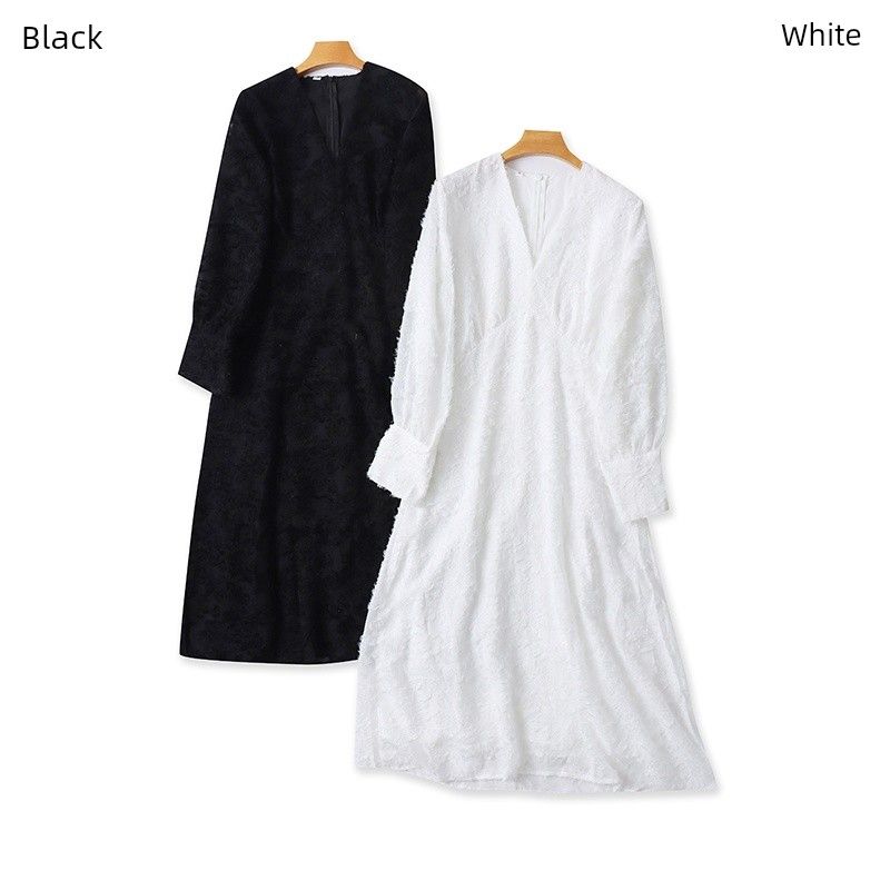 

Foreign Trade Summer One piece Dress Women V-neck Loose Slimming Western Style Versatile Sweet Temperament Long dress Elegant A- line Skirt Black XS