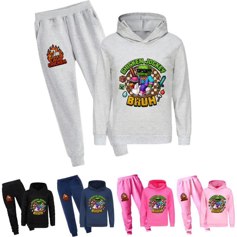 Minecraft Hühner-Jockey Kinder Cartoon Hoodie und Hose Set Aus Baumwolle Für Lässige Winterkleidung