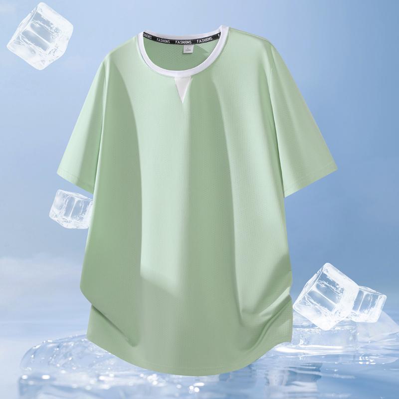 Sommer løs ensfarvet kortærmet t-shirt til mænd, Is silke t-shirt