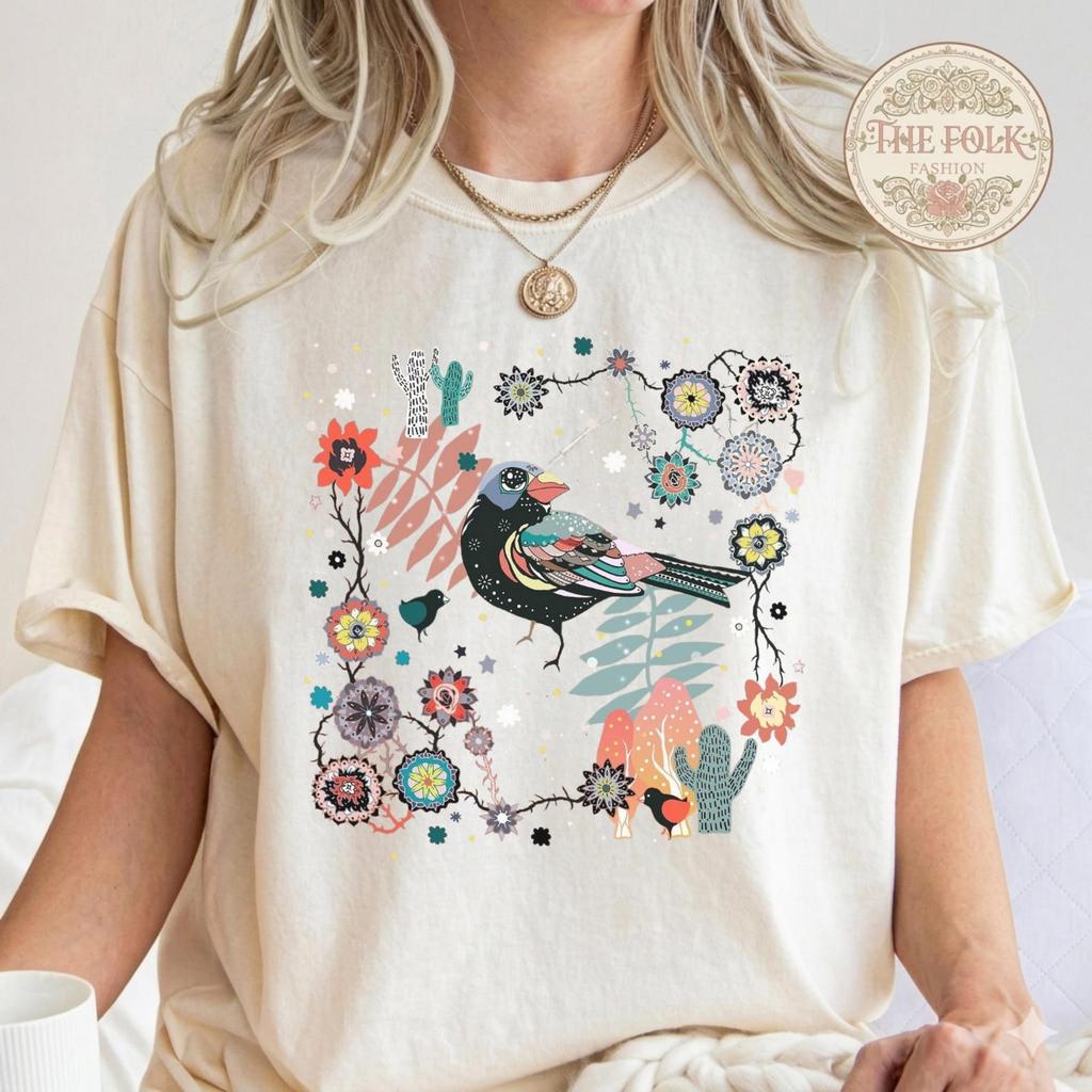 Vintage Folk Art Bird Shirt, Aesthetic Floral Botanical Tee, Colorful Nature Lover Gift, Boho Wildflower Bird Tshirt for Her, Comfort Colors