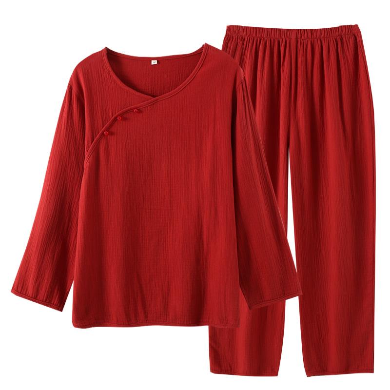 New Year's red pajamas female couple pure cotton double-layer yarn homewear spring and autumn long-sleeved trousers set festive homewear