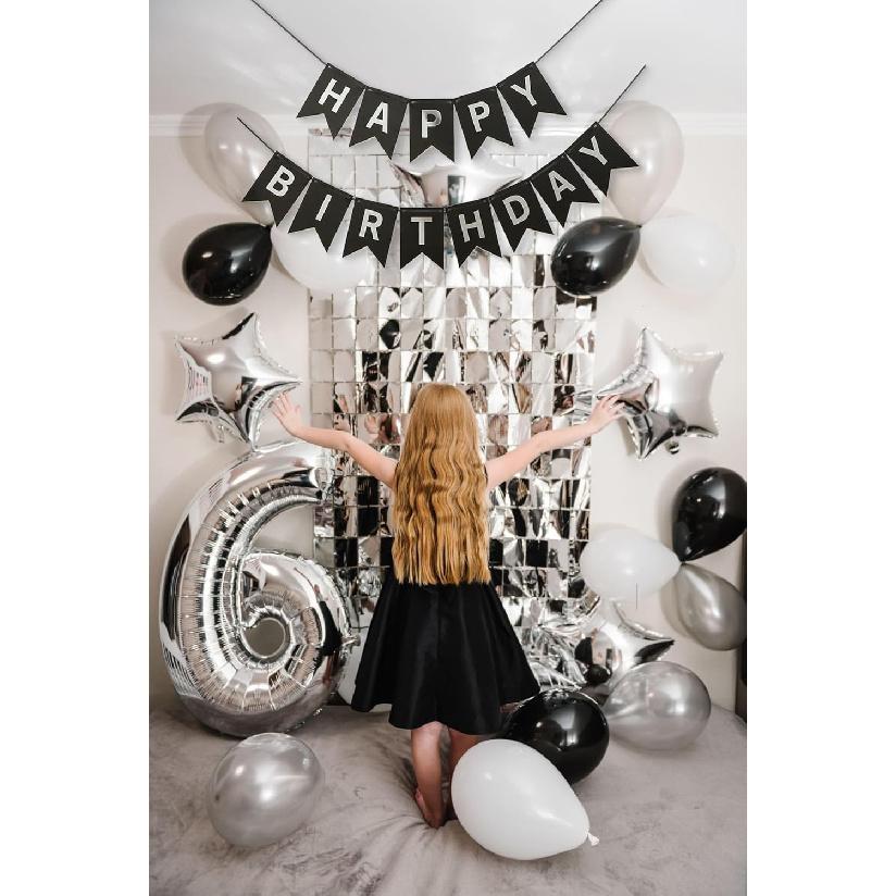 Black Silver Happy Birthday Banner Sign Decorations for Boys Girls Men Women 16th 18th 21st 30th 40th 50th 60th 70th 80th Streamers Party Garland