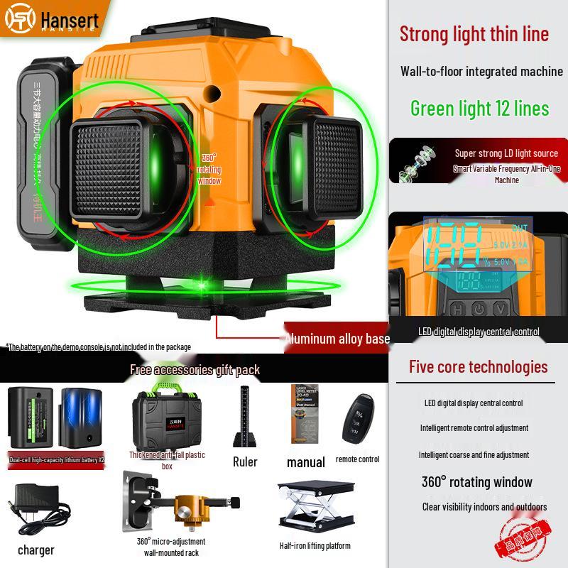 16-line High Precision Green Laser Level with Automatic Leveling for Indoor/Outdoor Use