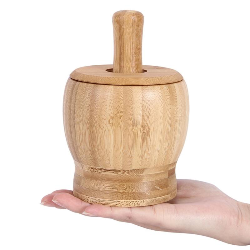 Bamboo Mortars and Pestle Set with Lid Pepper Garlic Spices Grinder Press Crusher Masher Kitchen Tool Grinding Bowl