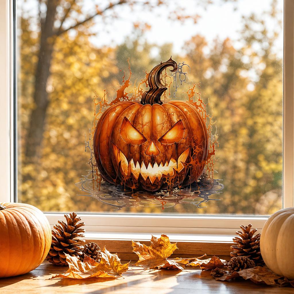 Halloween Removable Wall Sticker Watercolor Splatter Pumpkin Face Static Cling Window Decoration for Autumn Holiday Display