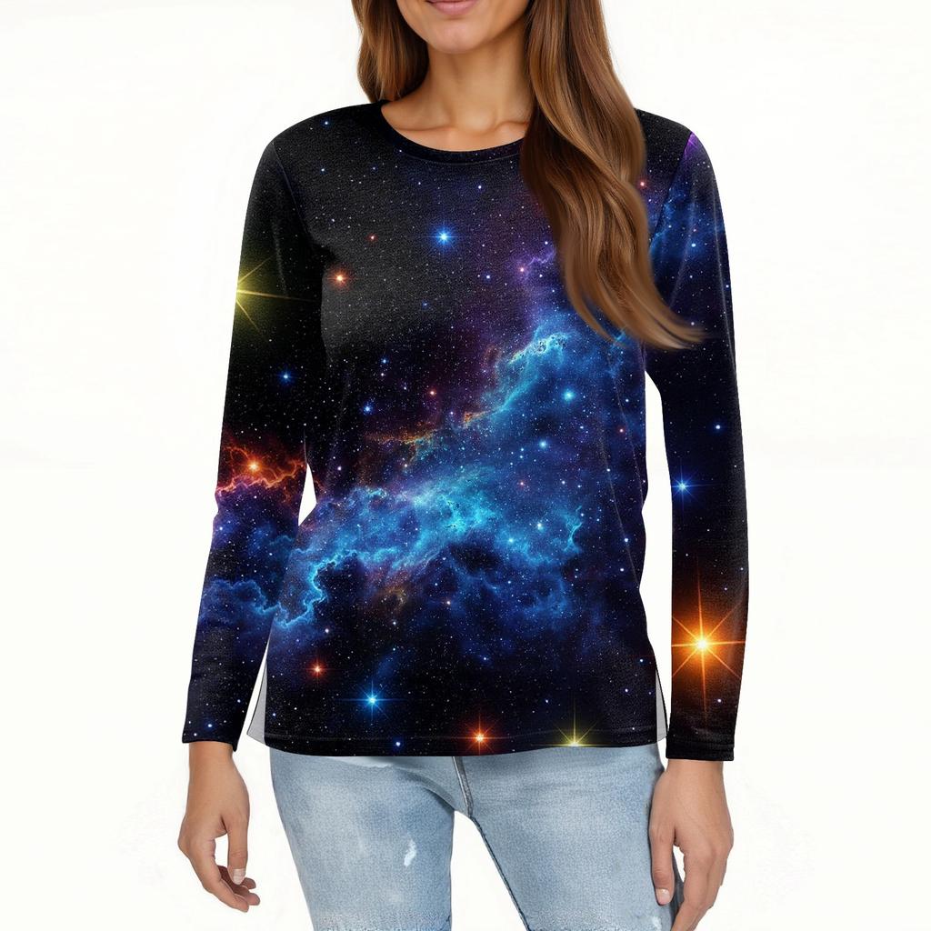 Women's Fashion Casual Slit Hem Round Neck Long Sleeve Loose Printed T,Shirt Ladies Top