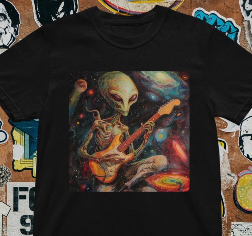 Psychedelic Alien Guitar T-Shirt Trippy Space Art Graphic Tee S