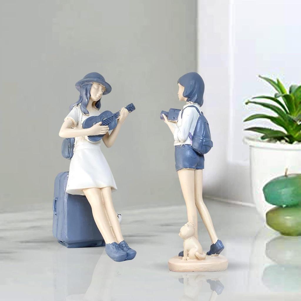 Cute and Elegant Girls Statue for Home Decor | Table Decor (Pack of 2, White & Blue)