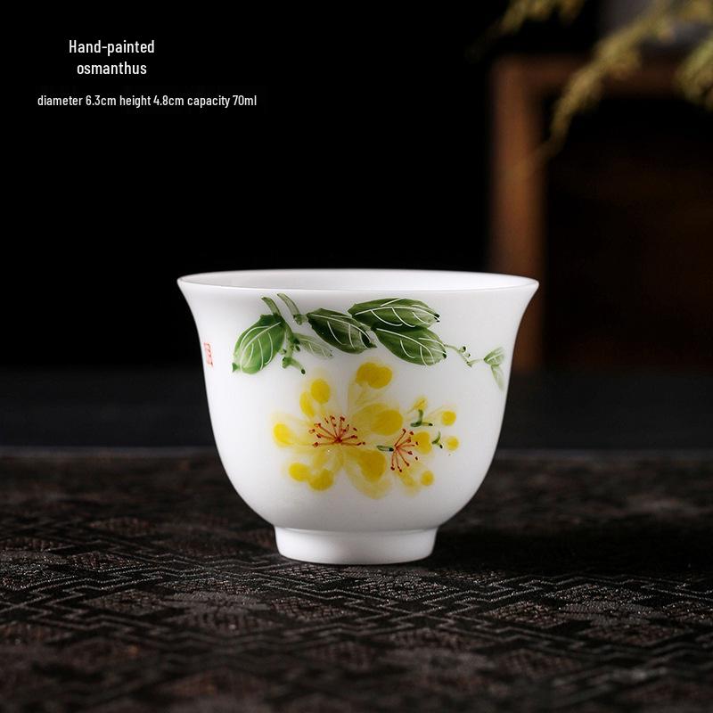 Lamb Fat Jade Hand-Painted Ceramic Gongfu Tea Set with Gaiwan, Tasting, and Host Cups