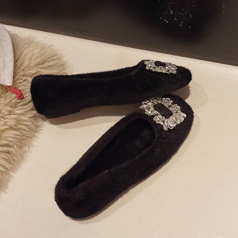 Women's Flat Cotton Boots Winter New Square Head Shallow Mouth Crystal Buckle Soft Sole Anti-slip Wear-resistant Low-top Shoes