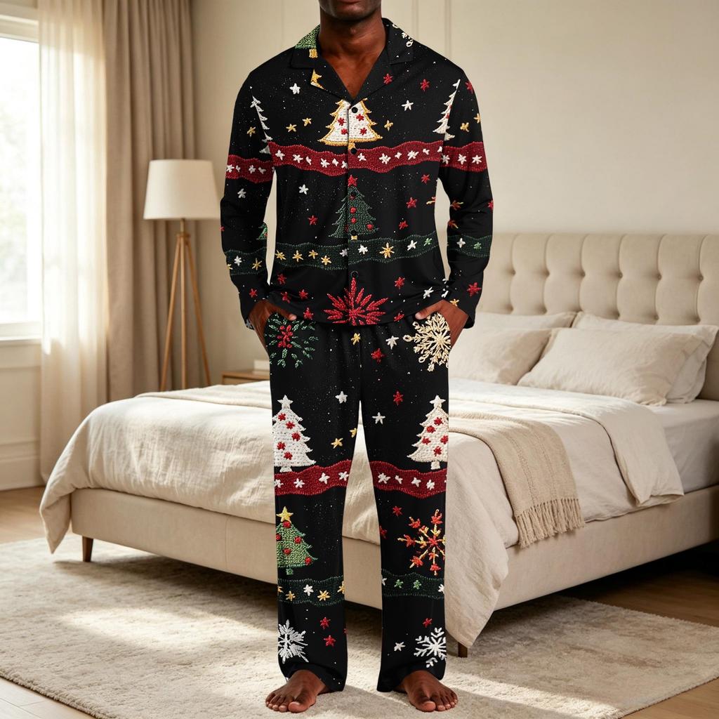 Men's Christmas Pajama Set with Button Down Shirt and Straight Leg Pants, Casual Print Sleepwear Two Piece Outfit, Festive Holiday Loungewear
