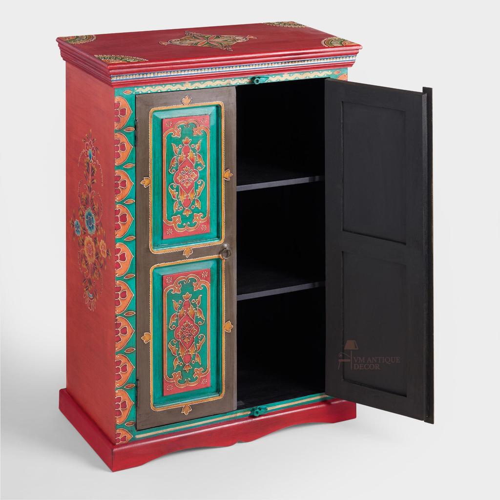 Handbemaltes indisches Holzschrank | Bunter Aufbewahrungsschrank | Rajasthani bemalter Schrank | Blumige Akzentmöbel, Nachttisch Schrank Selbst