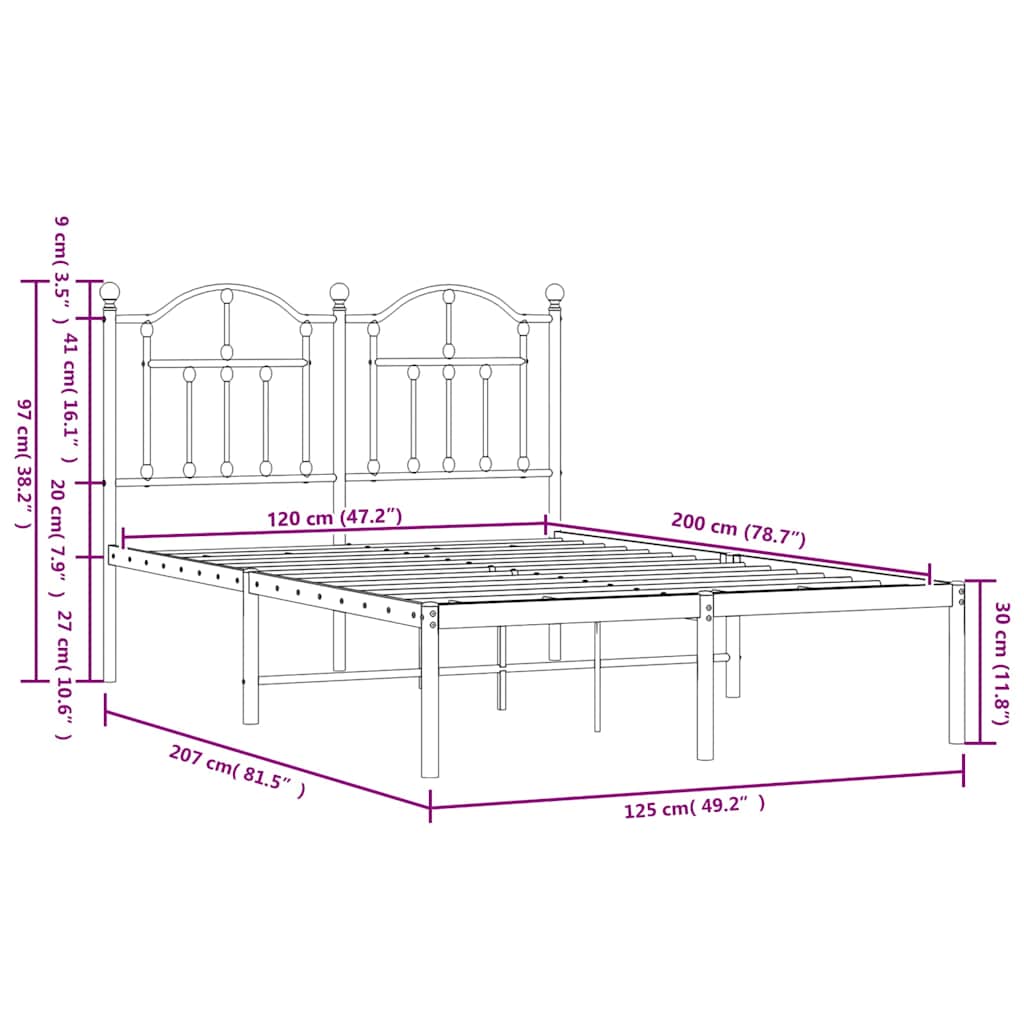 Metal Bed Frame with Headboard Black 120x200 cm