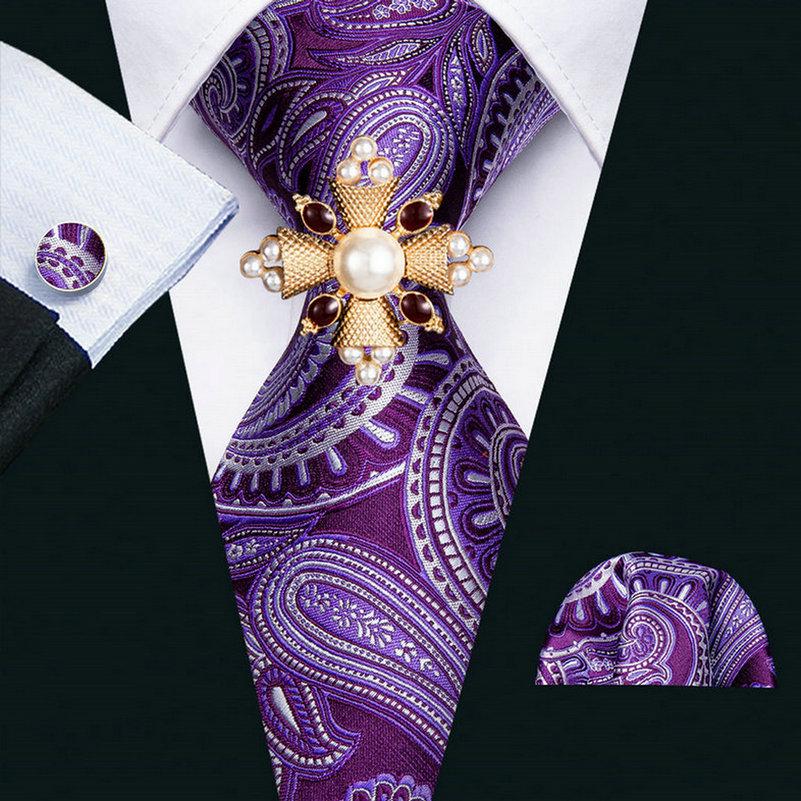 16 Styles Tie with Pearl Brooch for Men Paisley Woven Necktie Hanky Cufflinks Set Wedding Formal