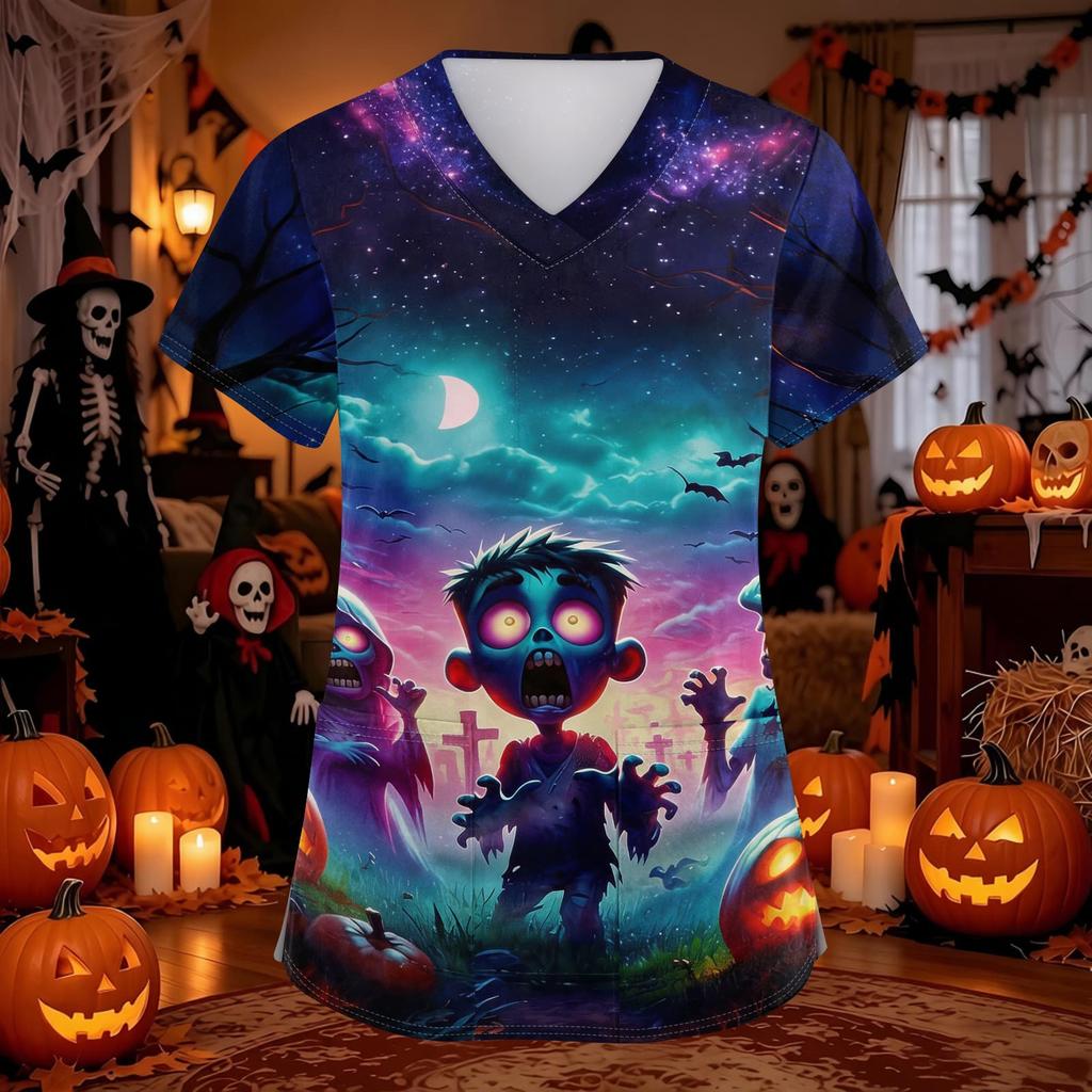 Women's Halloween Print Scrub Top V-Neck with Pockets Comfortable Fit for Work and Costume