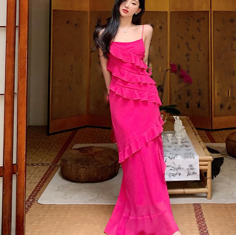 French Temperament Rose Red Suspender Dress Heavy Industry Ruffle and Ankle Dress Vacation Travel Wear