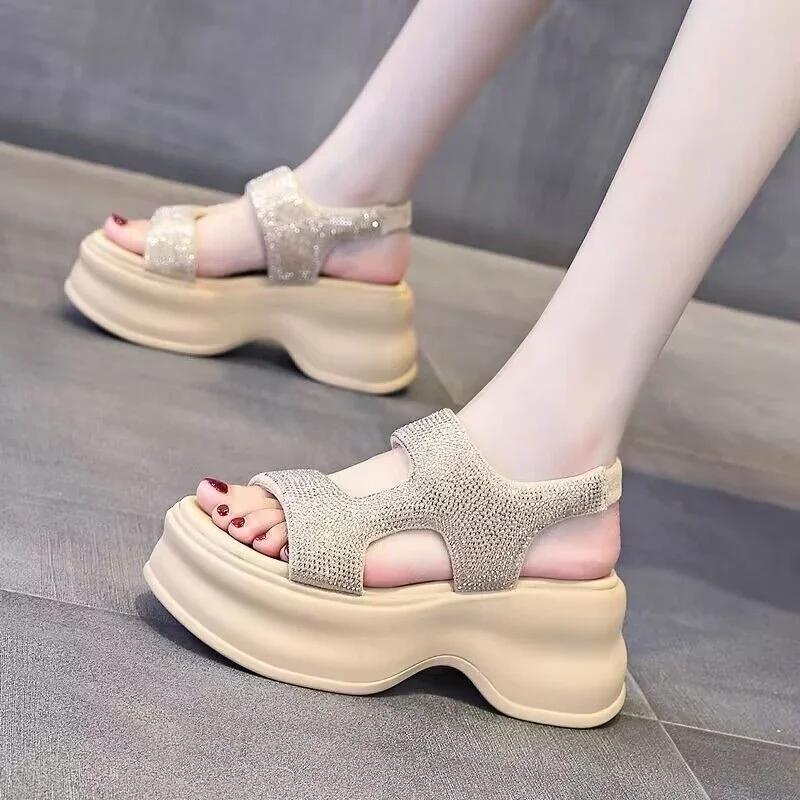 Fashion Chunky Platform Bling Sandals Women New  High Heels Sexy Elastic Band Sandals Wedge Sneakers 8CM Ladies Beach Summer Sandalias