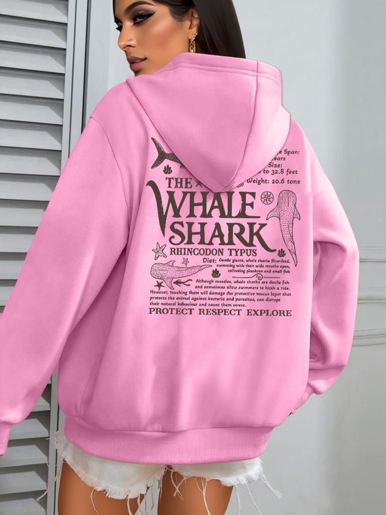 Creative Whale Shark With Letters Print Woman'S Streetwear Soft Trendy Hoodies Solid Color Warm Clothes Loose Hip Hop Hoody