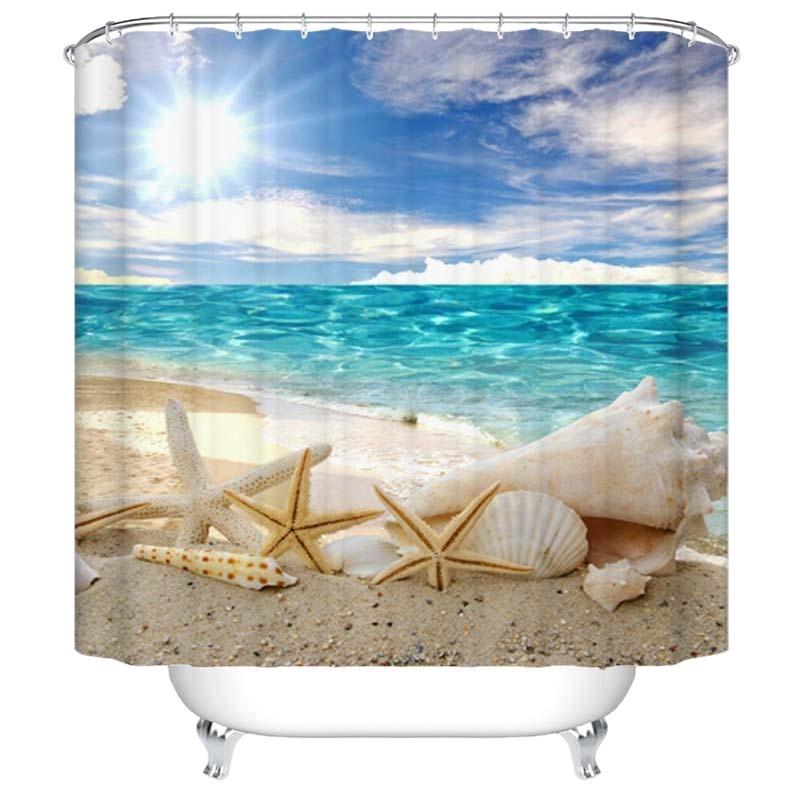 Shower Curtain Bathroom Fabric Non-Punching Beach Natural Scenery Digital Printing Shower Curtain With 12 Hooks