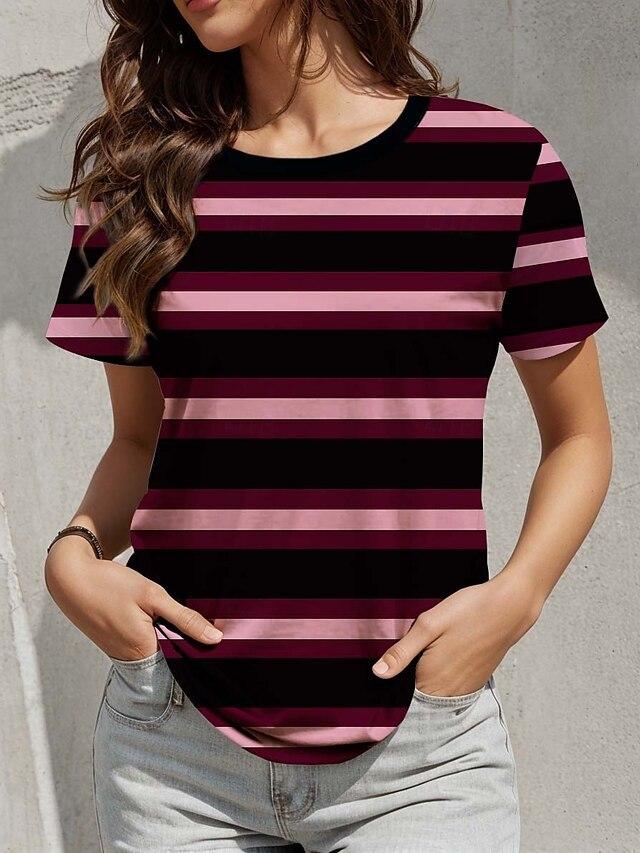 Summer Round Neck 3D Minimally Striped Color Blocking Print Top Fashionable Casual Short Sleeved Women's T-shirts