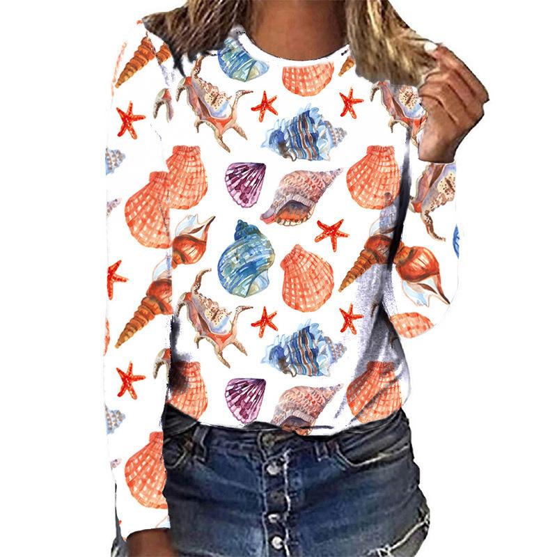 

Spring and Autumn Round Neck Coral Shell Conch Pattern 3D Printed Top Fashionable Casual Long Sleeved Women s T-shirts S