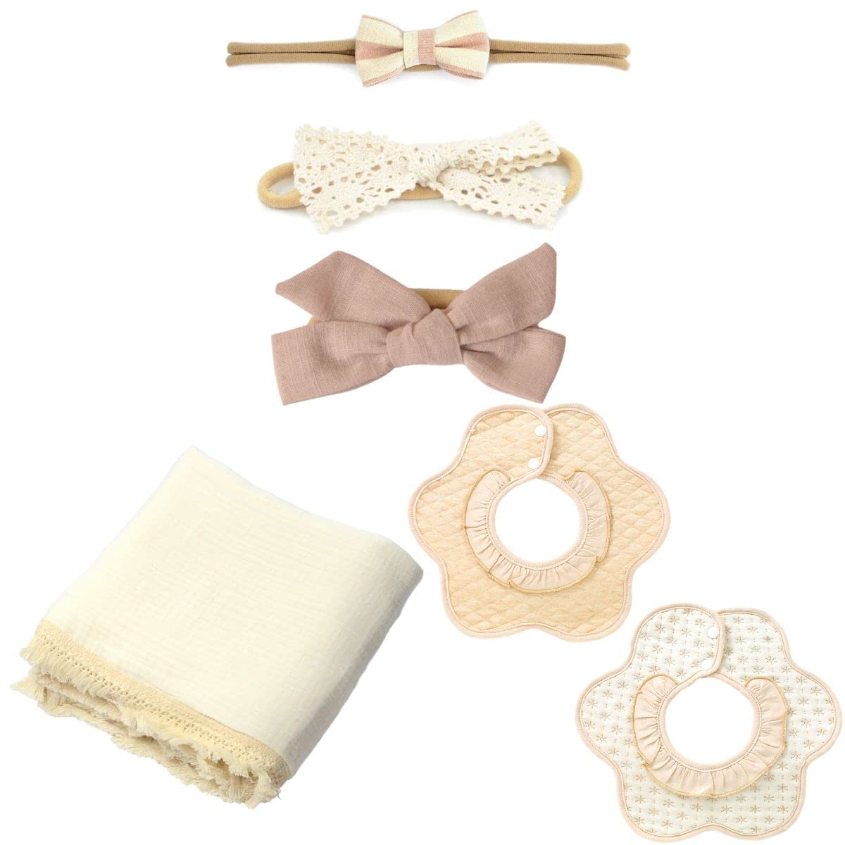 

Подарок на бэби-шауэр для тех, кто любит простое и марлевое одеяло в подарок для девочек. [Для дизайнов] Слюнявчик, повязка на голову, набор.