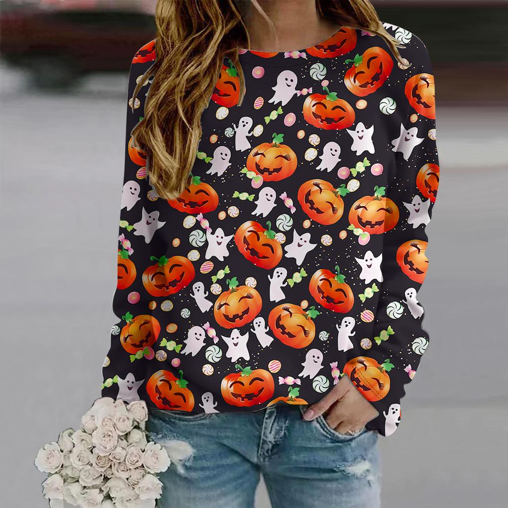 Herbst Herbst Damenmode O-Ausschnitt Langarm T-Shirt Lockere Kleidung Kürbis Party Print T-Shirt