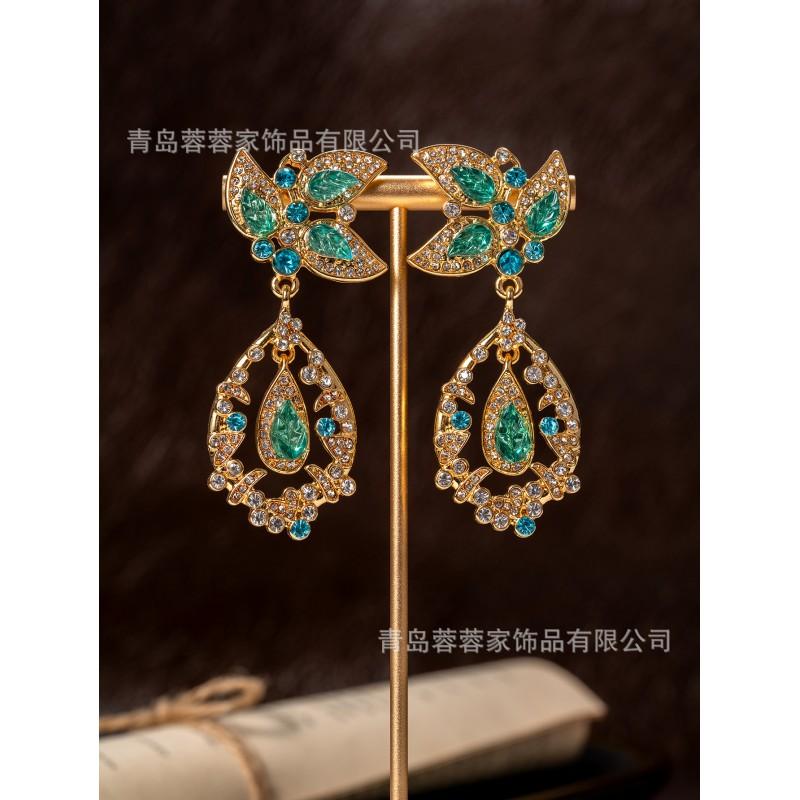 Cross Border Hot Alloy Leaf Flower Crystal Bead Tassel Earrings With Light Luxury Full Zircon