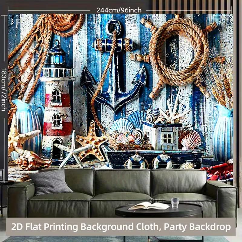 2D Vintage Nautical Decor Tapestry, Lighthouse Starfish Seashell Background