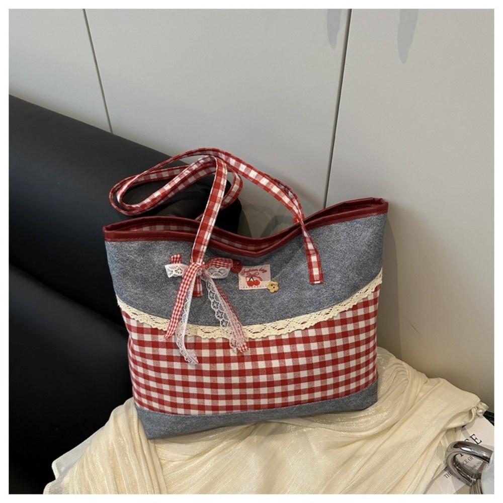 Fashion Lattice Lace Bow Shoulder Bag Casual Large Capacity Handbag Versatile Tote Bag Women