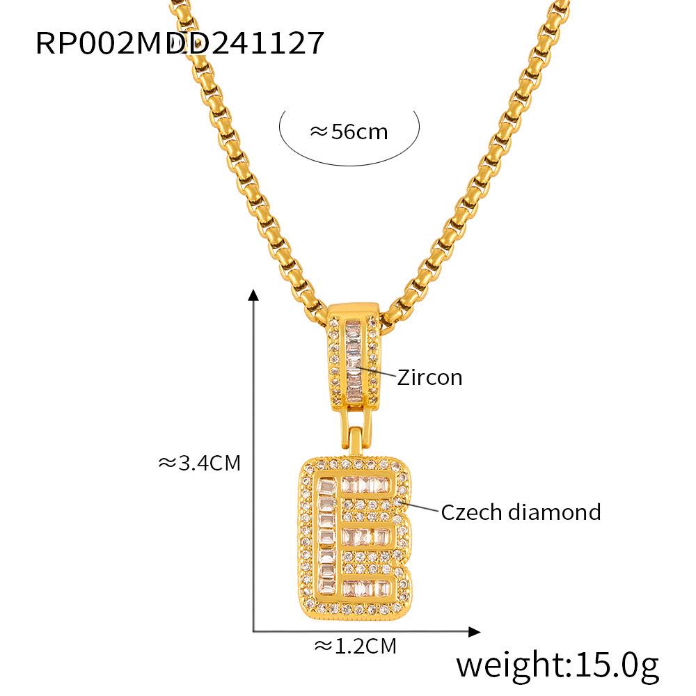 Minimalist Letter Inlaid Diamond Copper Pendant Necklace with Long Box Chain in Gold-Plated Titanium Steel