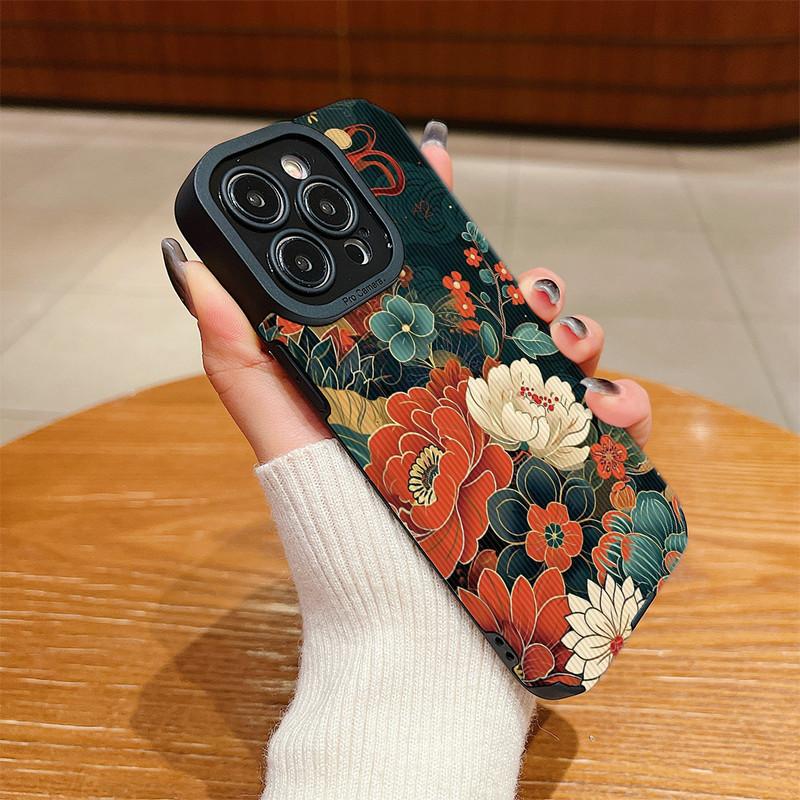 Funda Trasera de Cuero con Grano Vertical y Estampado Floral de Silicona Suave con Protección Completa para la Lente de la Cámara para Samsung