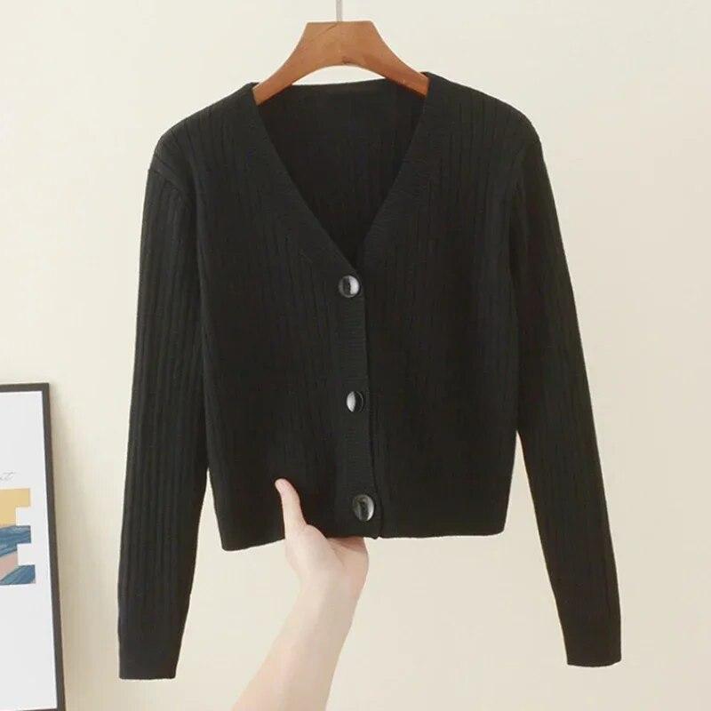 Autunno Csual Maglione cardigan lavorato a maglia con scollo a V Donna Inverno Moda Crop Maglioni Giacca manica lunga Cardigan casual Top 29761