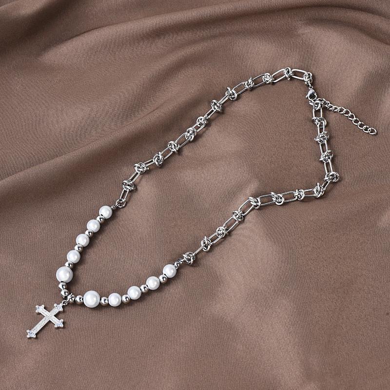 Luxurious Titanium Steel Cross Necklace For Men And Women With Handmade Design And Elegant Pearl Accents