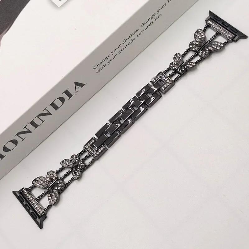 Watchband Metal Strap For Apple Watch Band Ultra 4mm 45mm 40mm 41mm 49mm Bling Butterfly Bracelet Chain for iWatch Series 9 8 7 6 5 SE 4 3