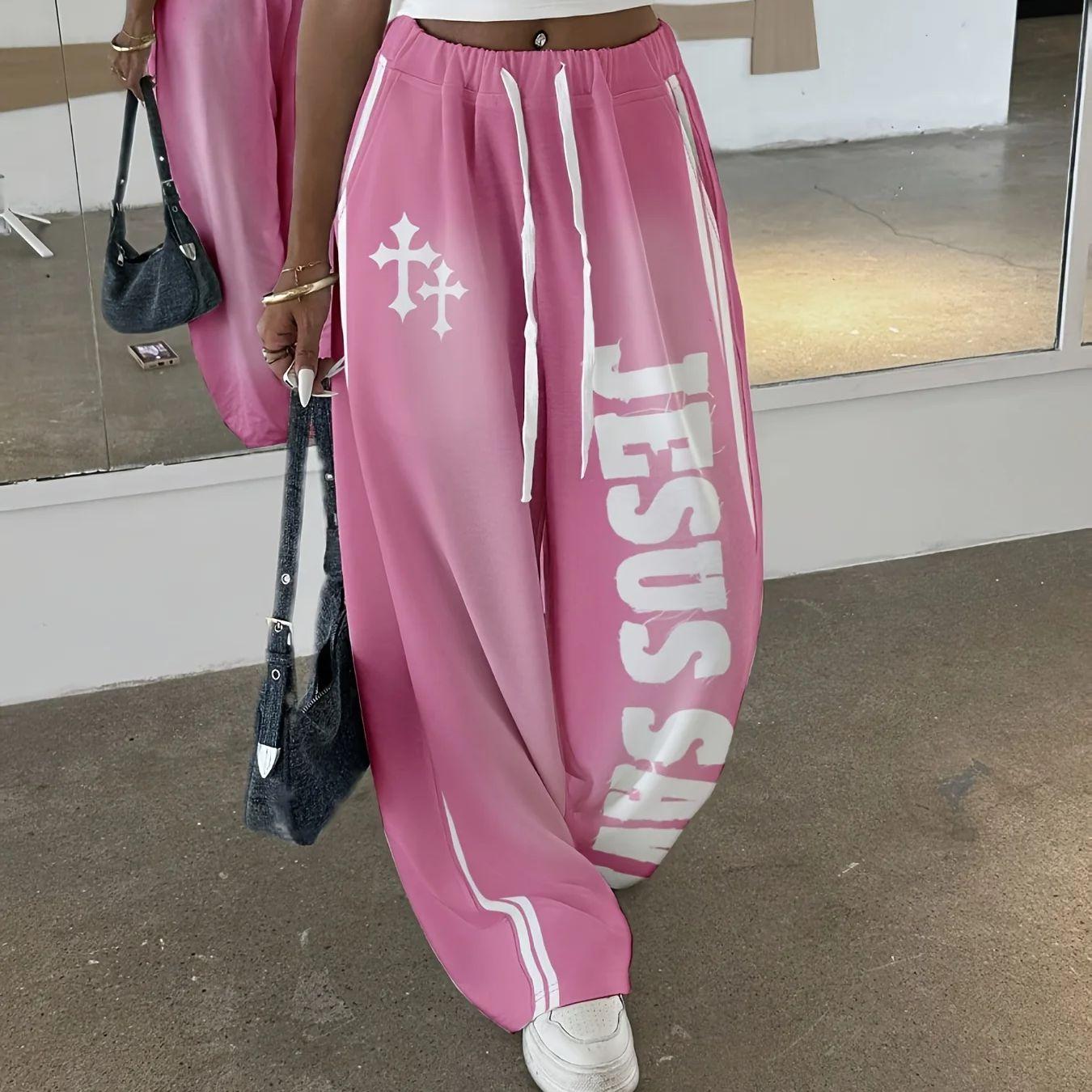 Pink Gradient Gothic Cross Sweatpants Women s Elastic Drawstring Waist Oversized Quick Drying Wide Leg Streetwear S