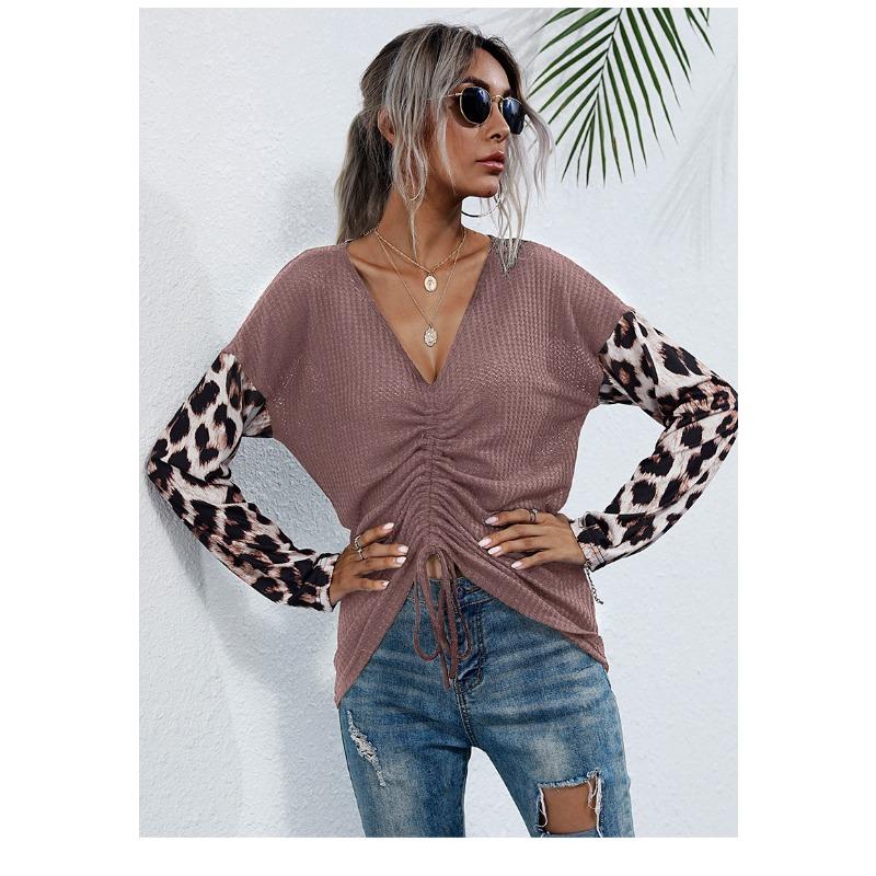 V-neck Color Blocked Leopard Print Long Sleeved T-shirt for Women Casual Top Drawstring Design Commuter Pullover Base Shirt Autumn