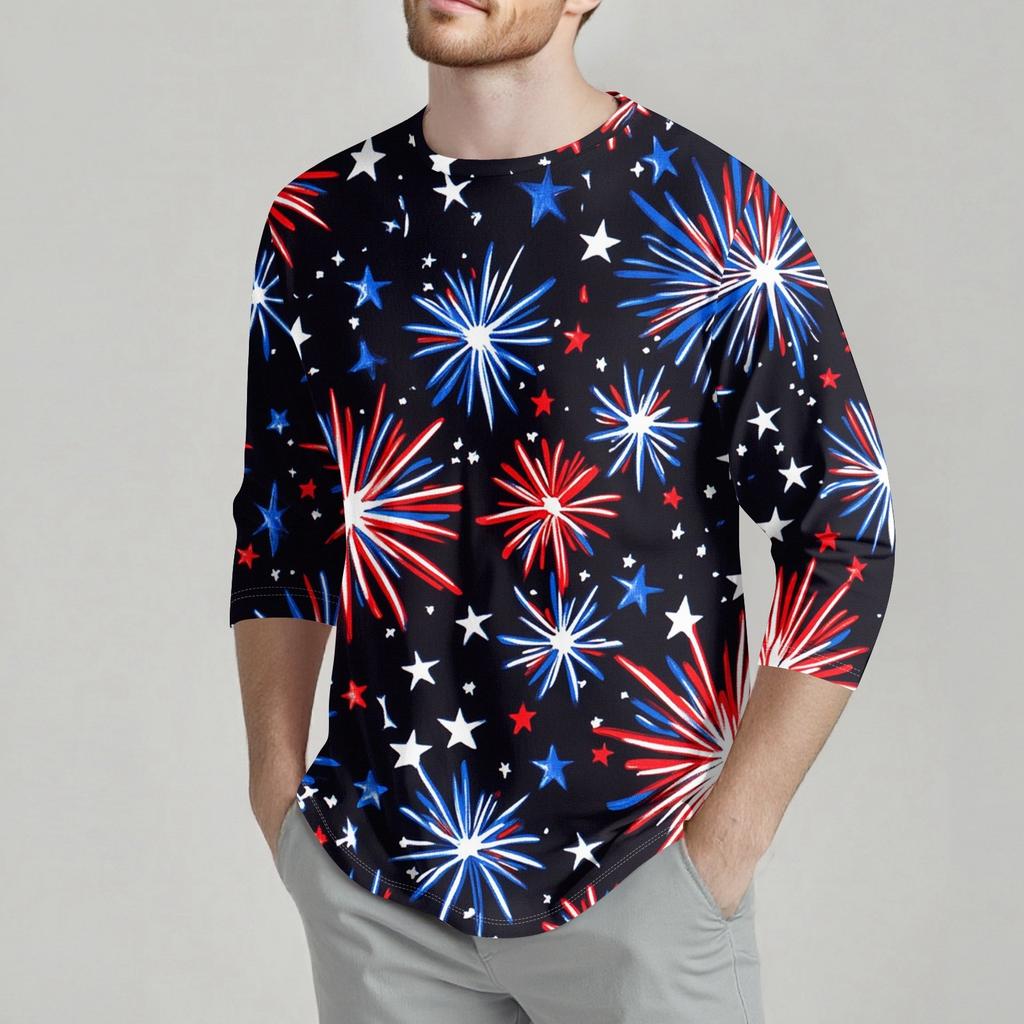 Herrenmode Lässiges T-Shirt mit Unabhängigkeitstag-Print am Hals und sieben Ärmeln