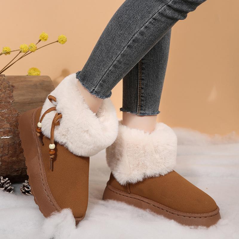 Sweet Beaded Bowknot Decoration Furry Snow Boots Women 2025 Winter Soft Thick Bottom Non Slip Fur Booties Warm Short Plush Boots