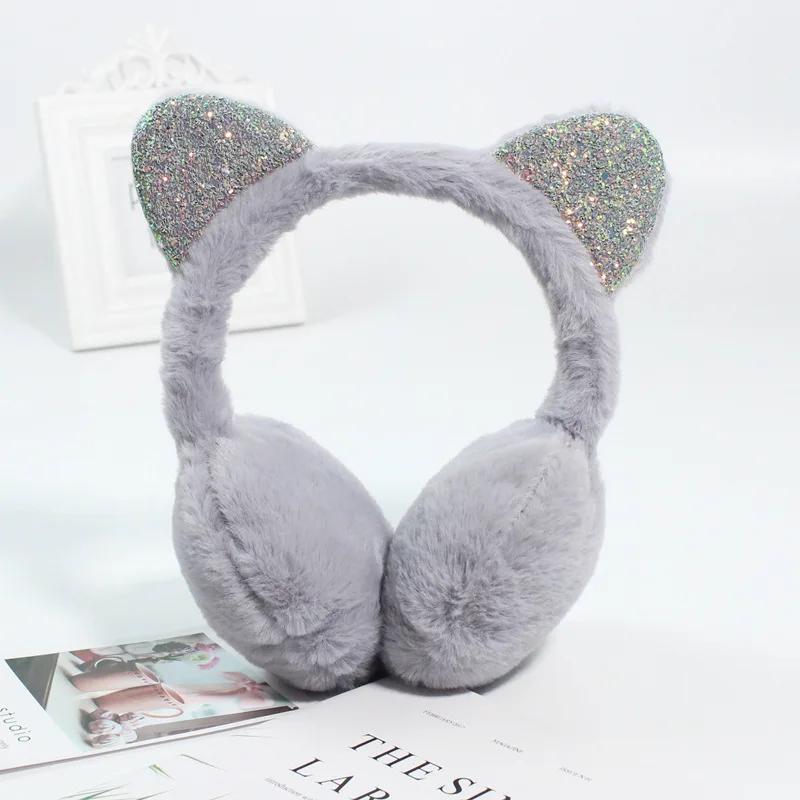 

Soft Plush Cute Cat Ear Earmuffs for Women Kids Outdoor Winter Warm Thickened Ear Protector Cold Protection Folding Ear Cover сірий