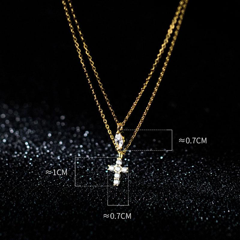 Real 925 Silver Double Layer Necklace Silver Shinying Zirconia Leaf and Cross Pendant for Women Wedding Party Jewelry
