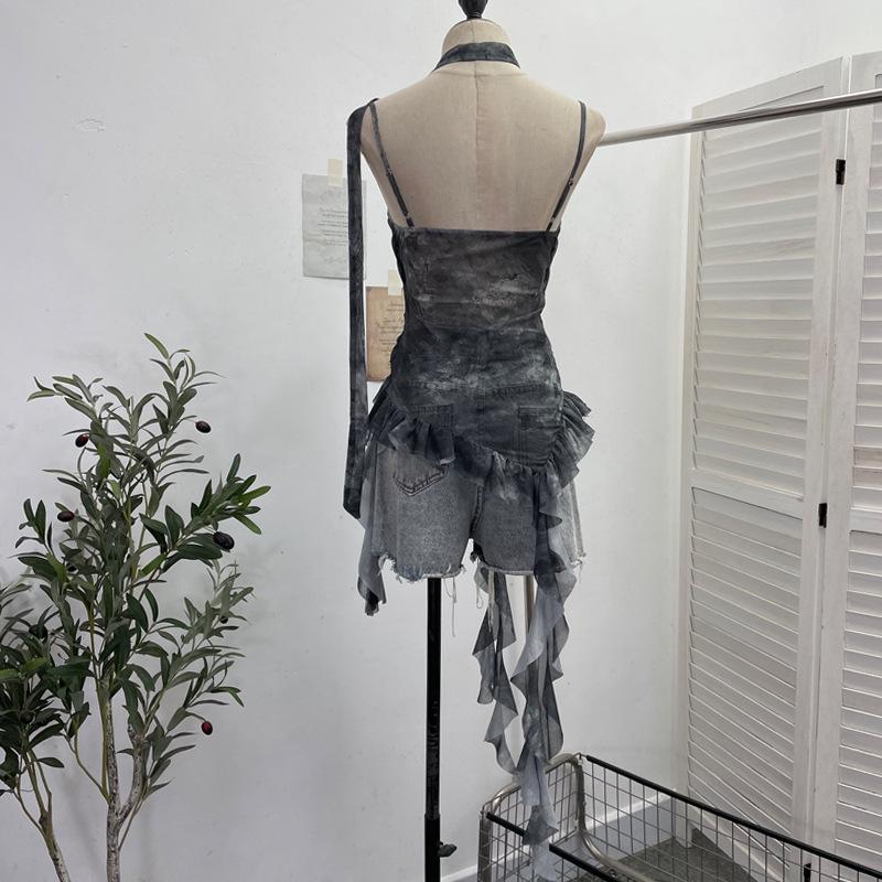 Gradient Print Irregular Ruffled Mesh Camisole Tank Top with Swing Neck and Sleeveless Design