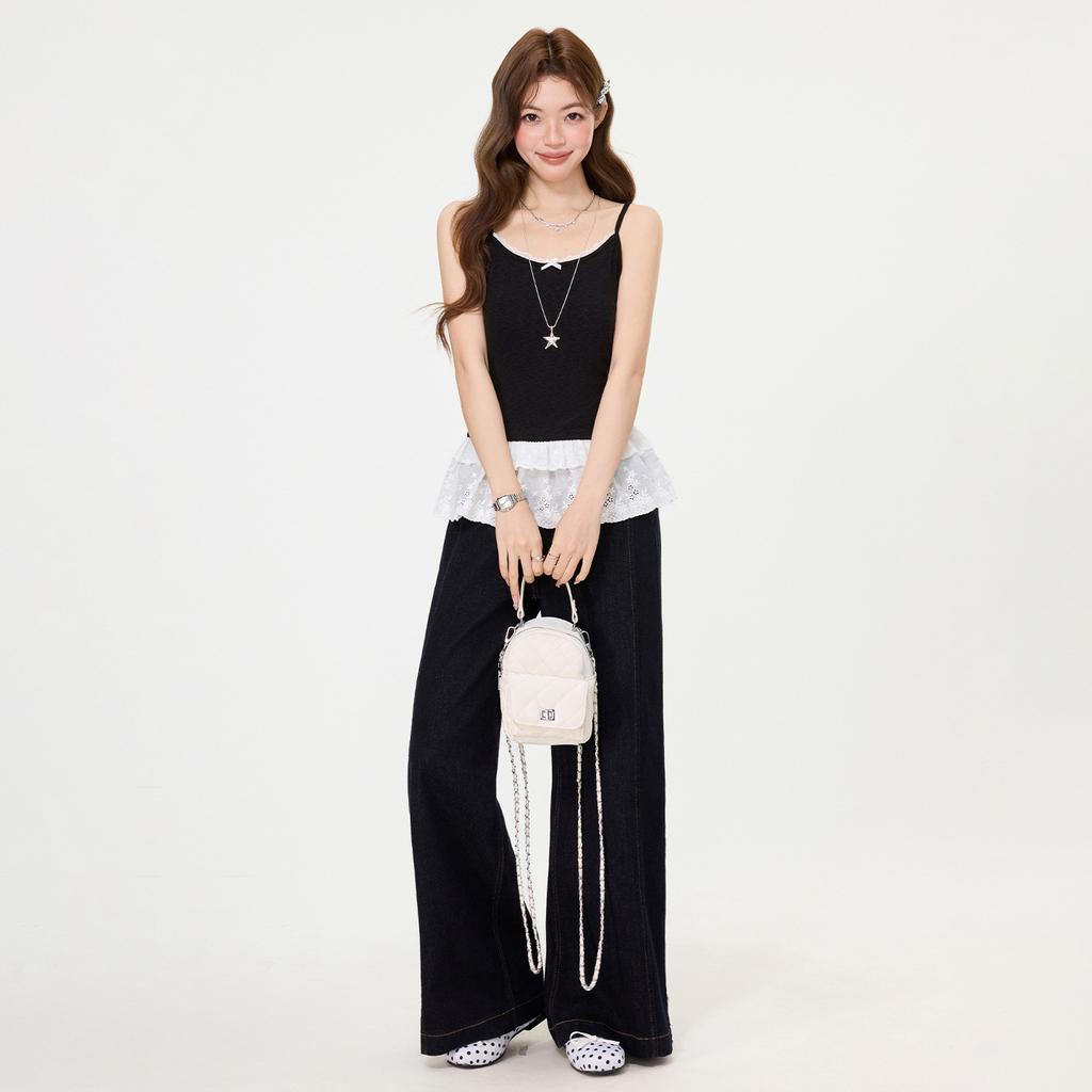 Black contrasting bow outer wear vest suspenders female spring and summer babes sexy lace stacked 